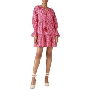 FIGUE Bella Womens Barbiecore Short Dress Size Small S Pink Floral Tiered Fun